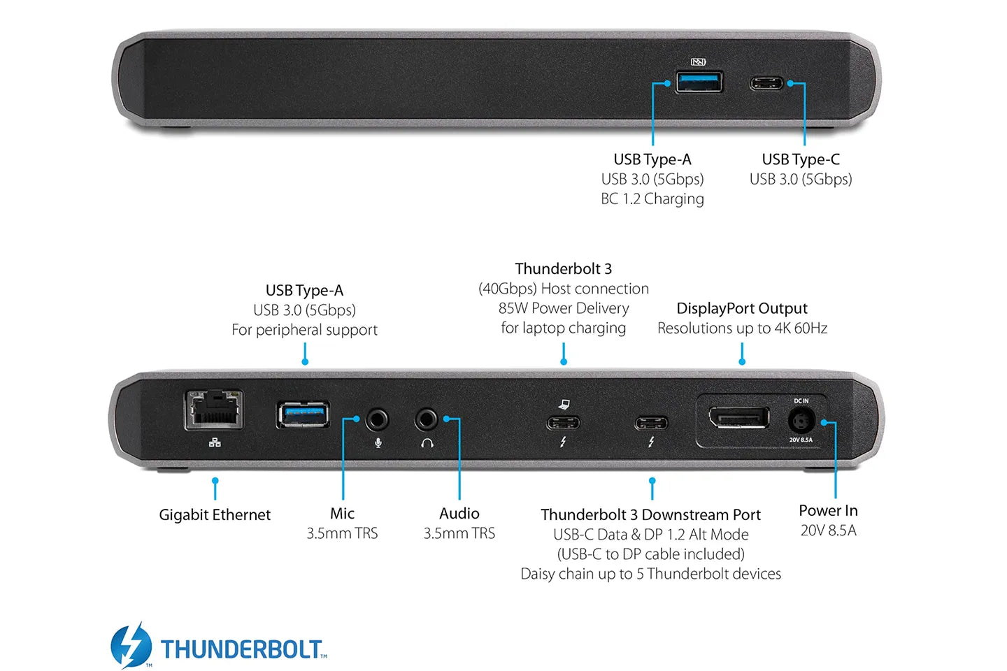 TB3DK2DPPD Thunderbolt 3 Dock, Dual Monitor 4K 60Hz TB3 Laptop Docking Station, DisplayPort, 85W PD