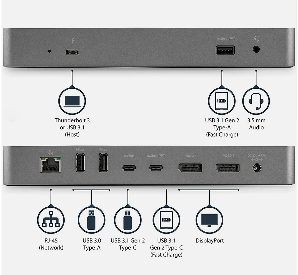StarTech TB3CDK2DP Thunderbolt™ 3 Dock Dual Monitor 4K60Hz Docking Station 60W PD 5x USB Hub Gen2 10Gbps