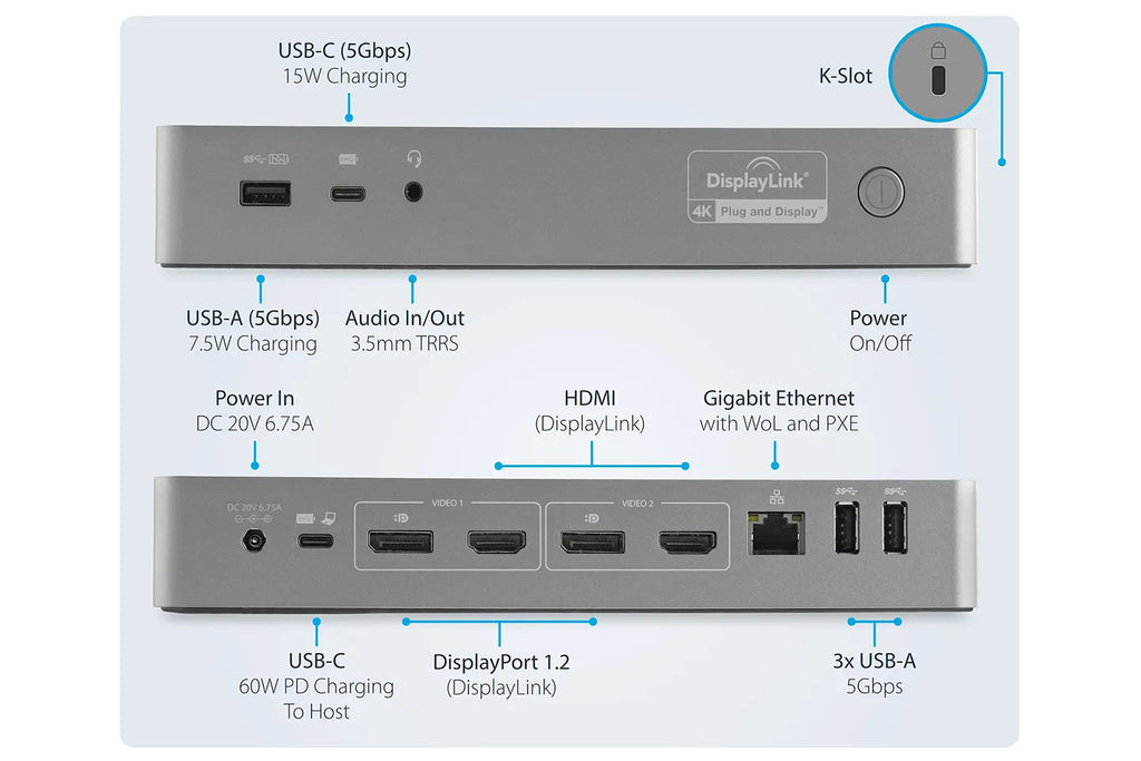 StarTech DK30C2DPPD Universal Laptop Docking Station  60W PD, Mac / Windows / Chrome OS, 4x USB 5Gbps Hub, GbE